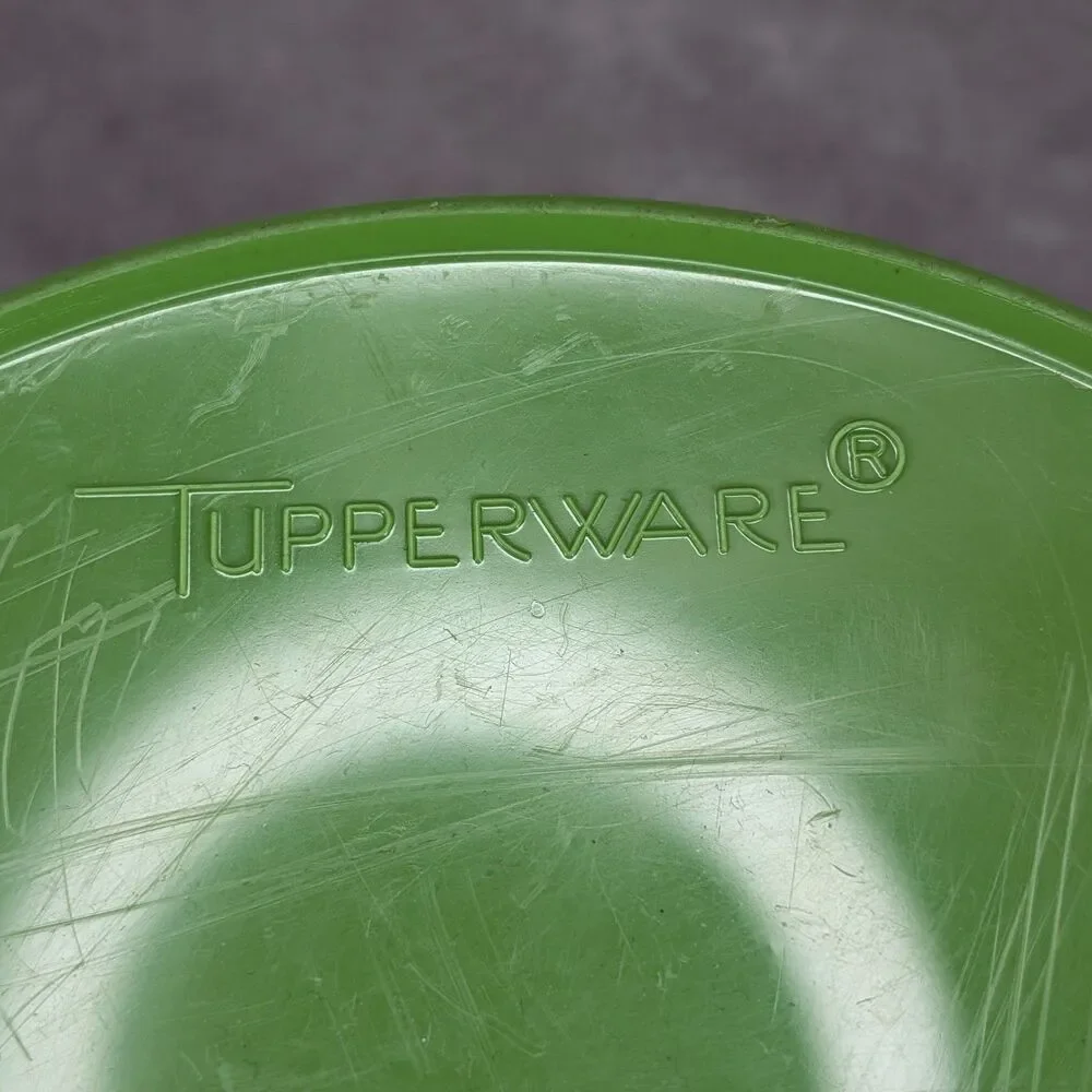 Vintage Tupperware Servalier Green Bowl 1204 White Scroll Graphic Starburst Lid